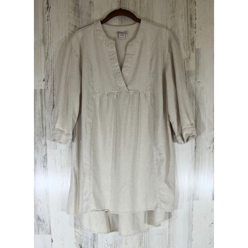 Marissa Olivia Linen Blend Tunic Large Beige Split Neck High-Low Hem Minimalist
